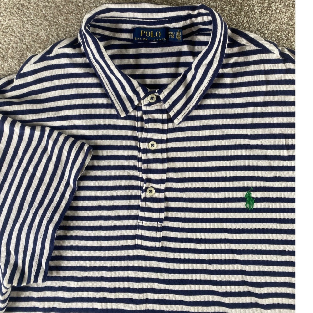 Polo Ralph Lauren Men XXL Blue White Striped Cotton Preppy Polo Shirt Green Pony